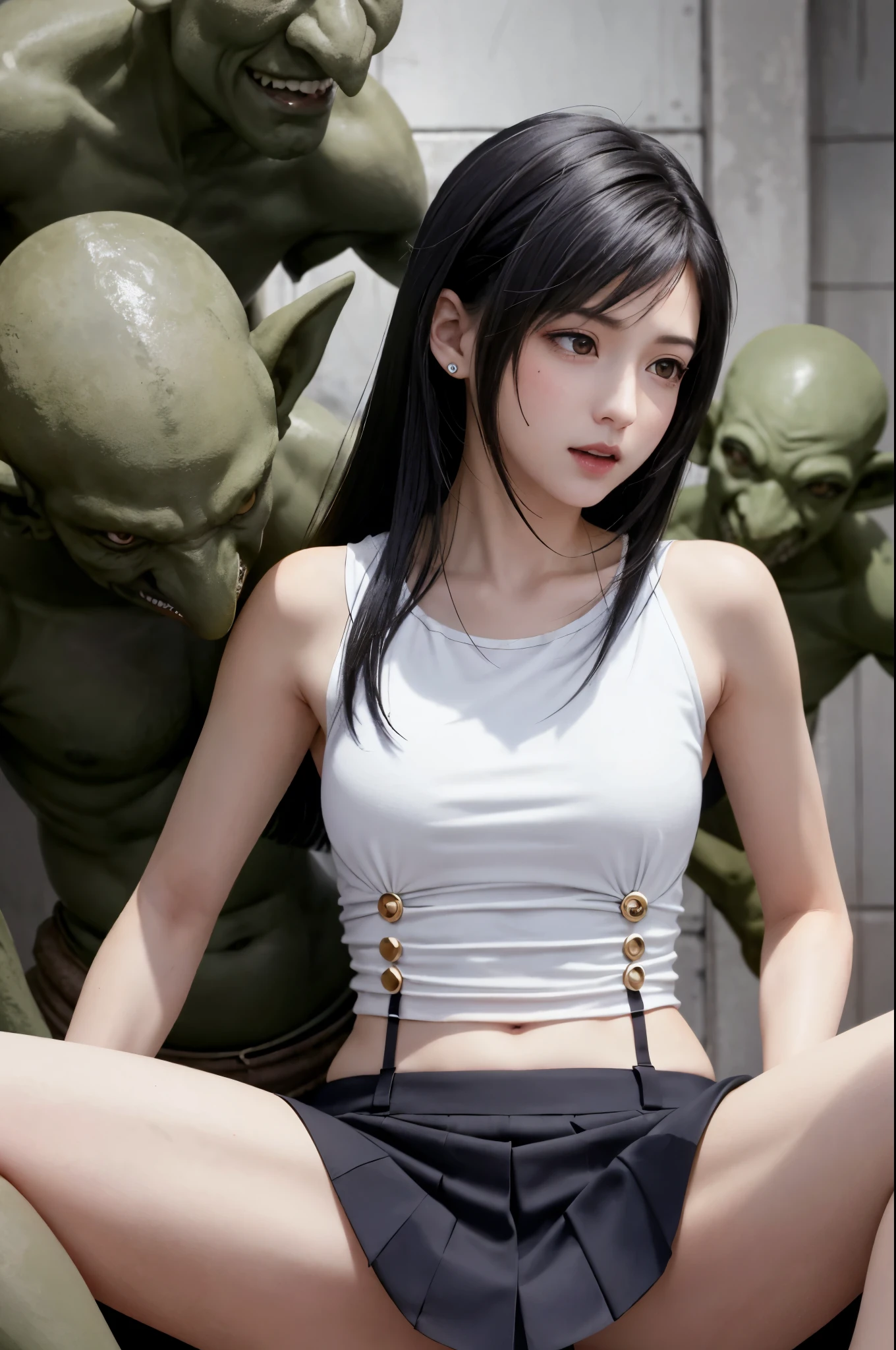 rape, {Top Quality, Masterpiece}, (Realistic: 1.3), Wallpapers, ultra high res, ultra high quality,
BREAK {{{ff7,tifa_lockhart,solo}}}, (Goblin orc versu Tifa_lockhart :1.3), {{{face focus}}}, Goblin Attacking, A goblin grabs her waist:1.2,
BREAK (((ff7,tifa_lockhart))),(Light Brown Hair, Large breasts: 1.2), (torn clothes:1.3), (she is wearing a tifa__lockhart uniform:1.3, suspenders, low rise, mini skirt, tank top, tank top:1.3 ), (Small and beautiful hard nipple), (wet body: 1.1), wet hair, about 1, sensual, {{{erotic eyes, erotic mouth, erotic face}}}, aroused:1.2, Tears overflow, Frightened expression, Fleeing 1:5,
BREAK (Captured by Goblin:1.3), (Surrounded by Goblins:1.3, humiliated by Goblins:1.3), (crowd of Goblins:1.3), {{{A dark, Underground Prison}}}, Attacked by Goblins:1.5, Many violent Goblins: 1.5, The Goblin grabs her by the arm, Goblin attacks from behind, Goblin grabs leg, Goblin Swarm:1.5, darkness, another world, Dark fantasy, Pitch black hell
