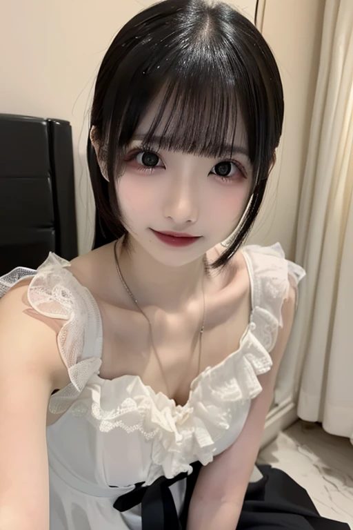 girl holding a basket of flowers, standing indoors, Home, white background wall, cute aesthetics, fairy core, dream aesthetics, magical lolita girl portrait, lolita style, Maid of the magical forest, Ruffled blooming collar, cute style, soft, fantasy aesthetics, magical girl style, balloon, girl wrapped in roses, pink roses, bow, pearl, ribbon, pink, green, cute, round face, Light and shadow, black hair, long eyelashes, solid circle eye, light smile, tooth, double good, hair ribbon, surrealism, throw, atmospheric perspective, Depth of the bounds written, vanishing point, Lens flare, 35mm, f/2.8, 8K, Super detailed, Accurate, 最high quality, UHD, masterpiece, anatomically correct, rough skin, high quality, advanced details