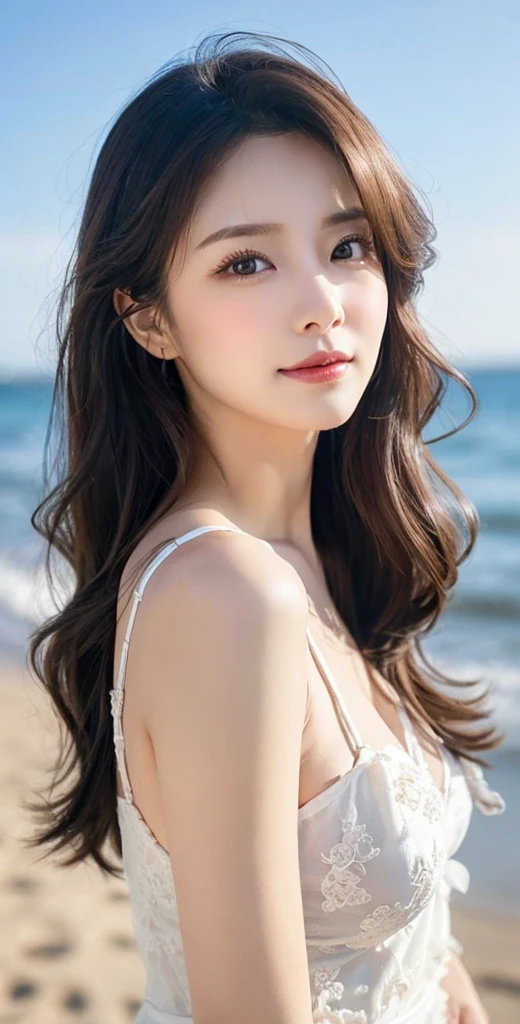 Beautiful black-haired girl with brown eyes and long hair in elegant white dress on a lonely beach close-up photo shoot