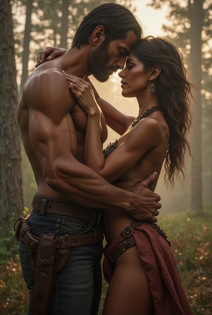 Beautiful elf girl , 18 y.o., long straight hair,bperfect figure, sexy transparent harem outfit , exposed breast, hugged by mighty warrior from behind, a man is undressing her, she is his sex slave, sex from behind, passion, doggystyle sex