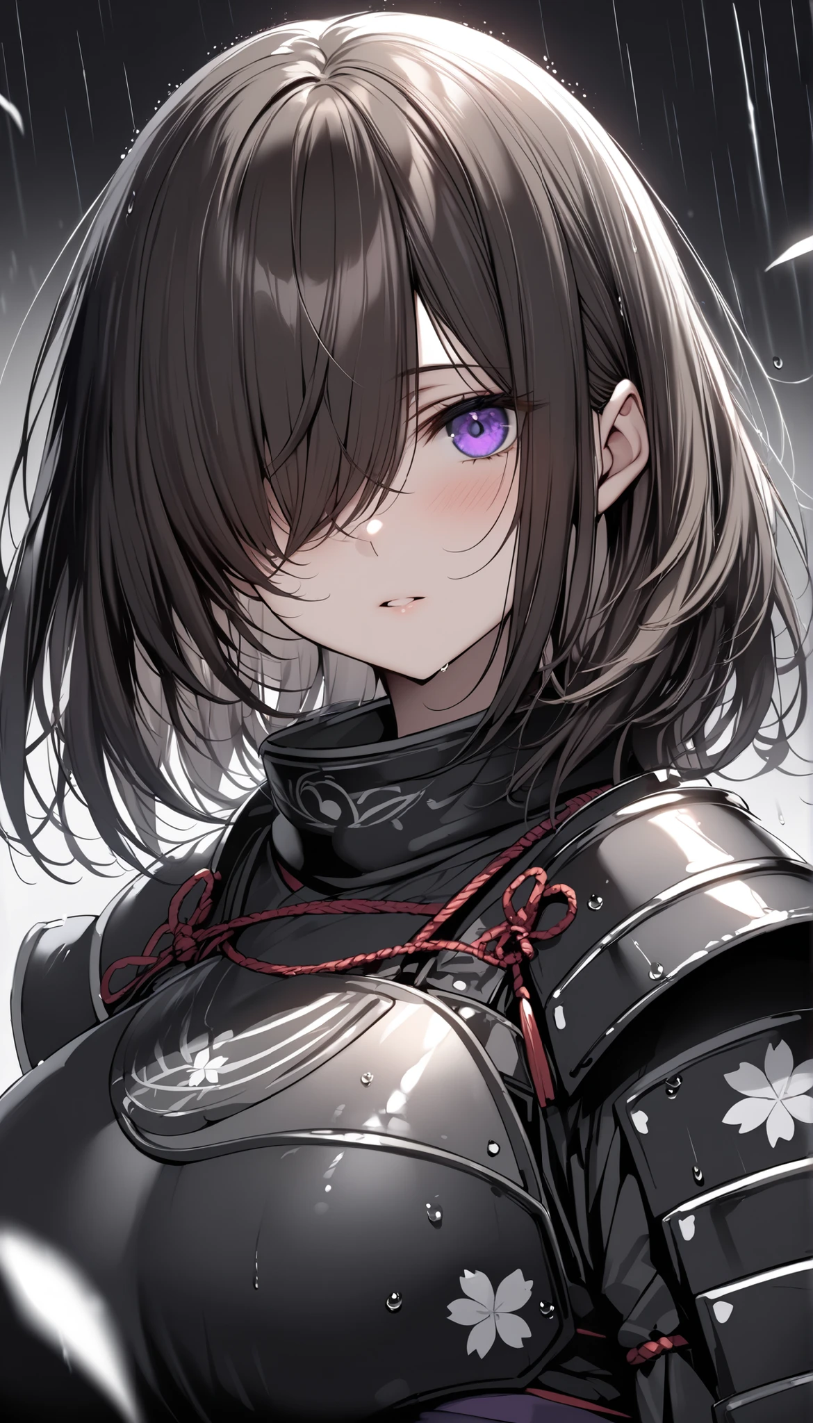 (masterpiece, Highest quality:1.2), (1girl), alone, ((medium hair)),((dark brown hair)), ((straight hair)), ((hair over face)), (hair over one eye), (hair over right eye), purple eyes, (huge breast), high detail, bloom, ((detailed face)), (beautiful effects), (samurai armor),detailed eyes, cherry blossom leaves, (grayscale), rain, (empty background), ((close-up))