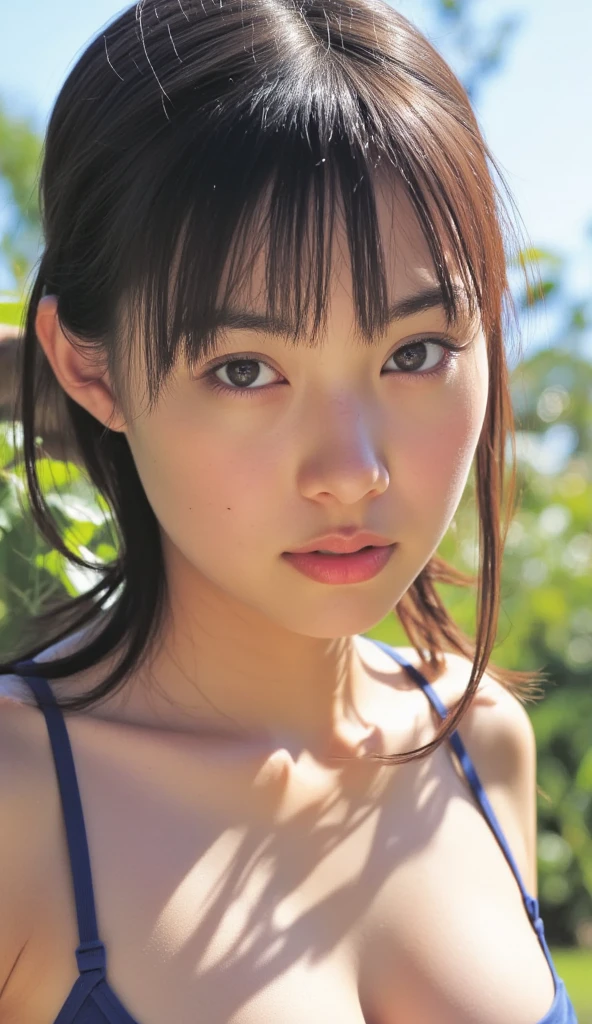 Full Body Shot、Sitting in the park、(Raw photo, Best Quality), (Realistic, Photorealsitic:1.3), masutepiece, Extremely delicate and beautiful, Soft light, (Brown hair,Bob Hair, layers-Cut), Beautiful detailed girl, (Detailed fingers), extremely detailed eye and face, beautiful detailed nose, Beautiful detailed eyes, 1 girl, Japanese, Neat and clean beauty, Cute, young, Yellow and purple floral bra,thong,Realistic face, Realistic body, Outdoors