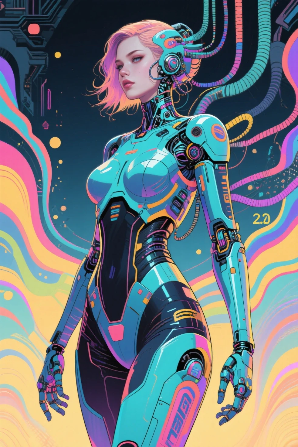 masterpiece, best quality, 1girl, solo, retro futuristic cyborgwoman, seamlessly blending mechanics and elegance. fit, small breasts, blueish skin, with magenta hair, old woman, fashion modeling pose, form fitting turquoise swimsuit-like-armor , happy, wild hair, humanoid face with bigger eyes and some cyberparts, plain background, dark colors, Anime, Cartoon, Comic Book, Concept Art