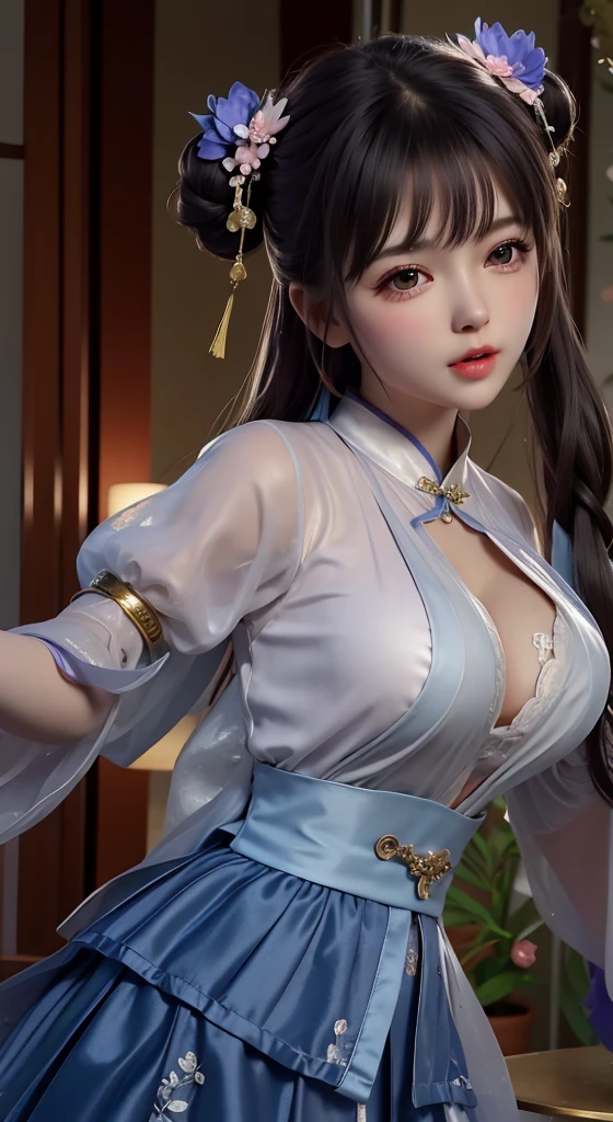 best quality, masterpiece, highres, 1girl,china dress,hair ornament,necklace, jewelry,Beautiful face,upon_body, tyndall effect,photorealistic, dark studio, rim lighting, two tone lighting,(high detailed skin:1.2), 8k uhd, dslr, soft lighting, high quality, volumetric lighting, candid, Photograph, high resolution, 4k, 8k, Bokeh, Wet-breasted Hanfu open V-chested clothes, All pictures, Wet body of thin silk fabric, Thin silk lace petticoat,princess 10 yeald old cute, (huge ,cleavage),petticoat, white pink, blue ,best qualtiy,tmasterpiece,Ultra-high resolution,(Reality:1.4),RAW photogr,(True skin texture:1.3),(filmgrain:1.3),(Selfie angle),1个Giant Breast Girl,Beautiful eye and face details,tmasterpiece,Best quality at best,exposing thighs,Bigchest,The chest is more exposed, pattern on fabric