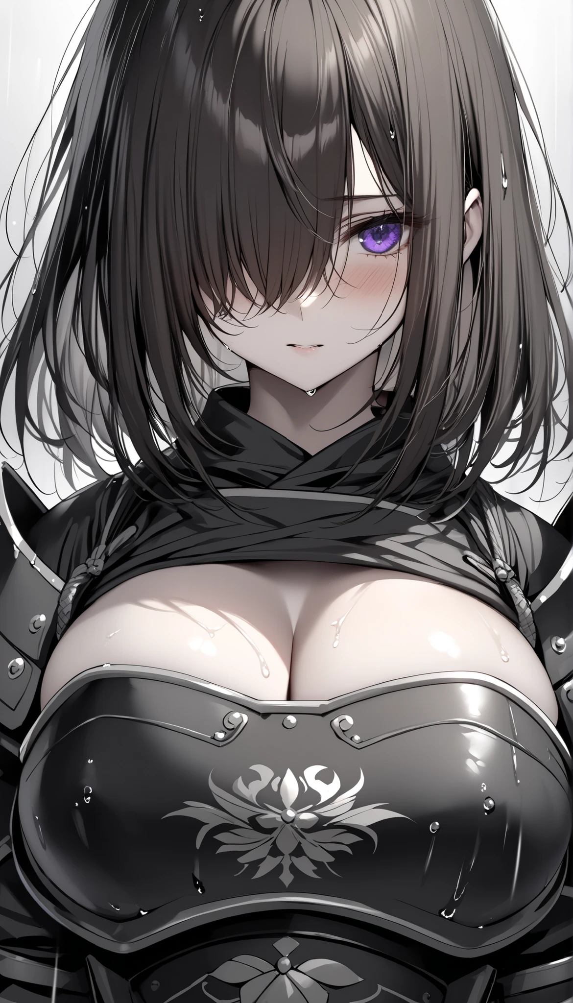 a black knight, a young girl, a female knight, large breasts, black, corruption, looking at the viewer, detailed facial features, detailed clothing, dramatic lighting, cinematic composition, fantasy art, digital painting, hyper detailed, 8k, highly detailed, masterpiece, photorealistic
