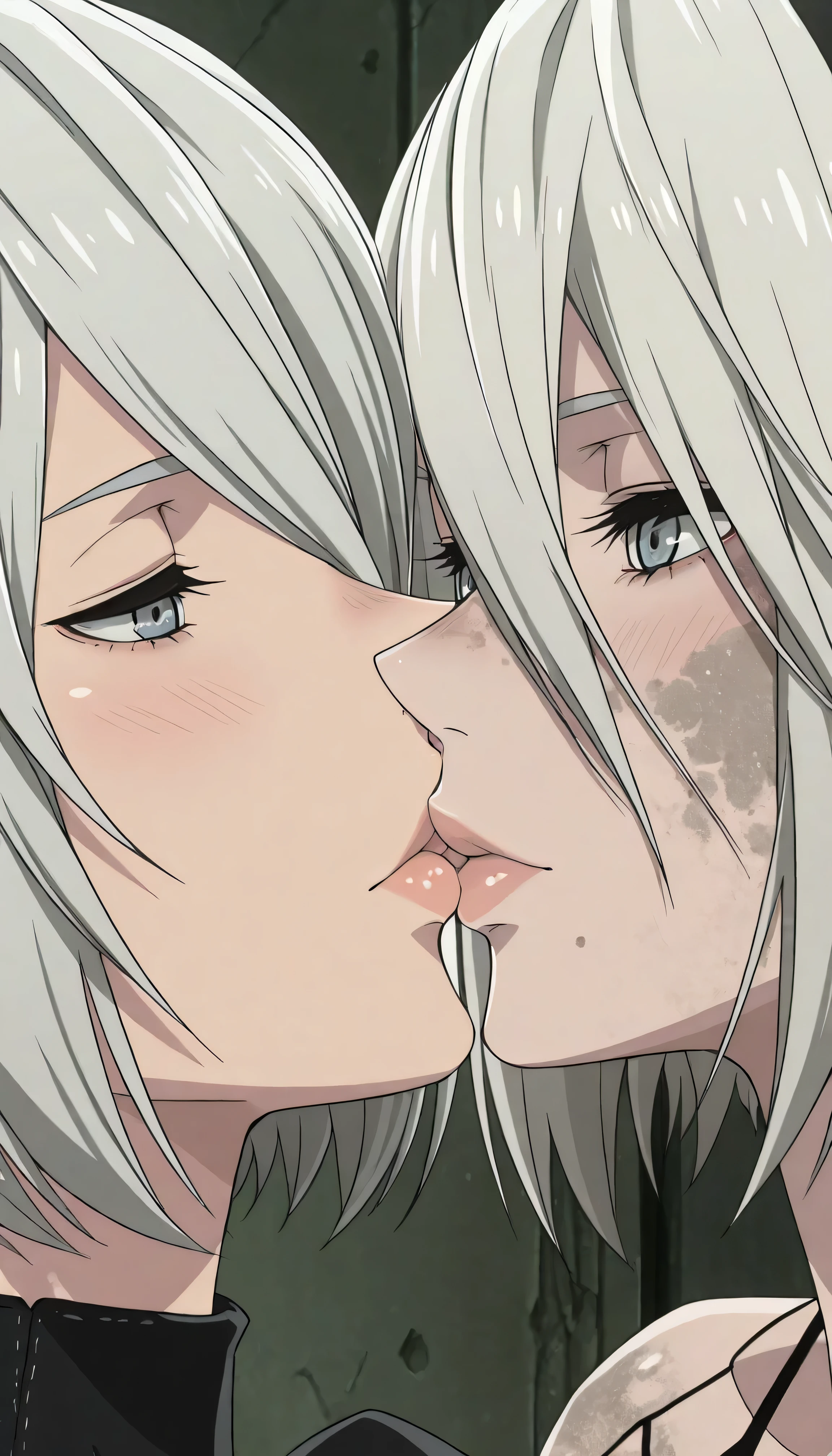 Anime screencrap, Anime screenshot, UHD, retina, masterpiece, accurate, anatomically correct, textured skin, super detail, high details, high quality, best quality, highres great photography, best quality, highres, cinematic, 2Girls, Nier Automata, 2B, 2b,  Yorha 2b, Yorha a2, A2, a2, YoRHa Type A2, CLose-up kissing