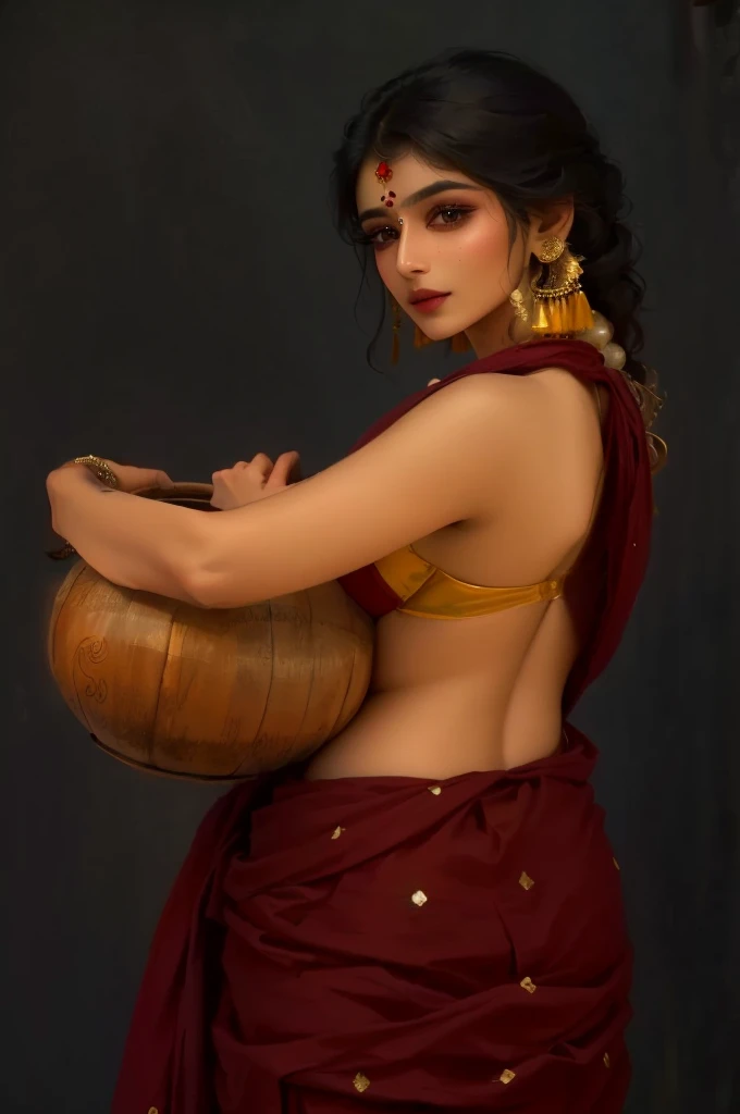 a close up of a woman in a sari holding a pot, traditional beauty, indian, dressed in a sari, inspired by Raja Ravi Varma, wearing greek palla, back pose, showing her shoulder from back, backview, sari, traditional photography, indian goddess, wearing a sari, wearing a steampunk sari, from side, provocative indian, indian style