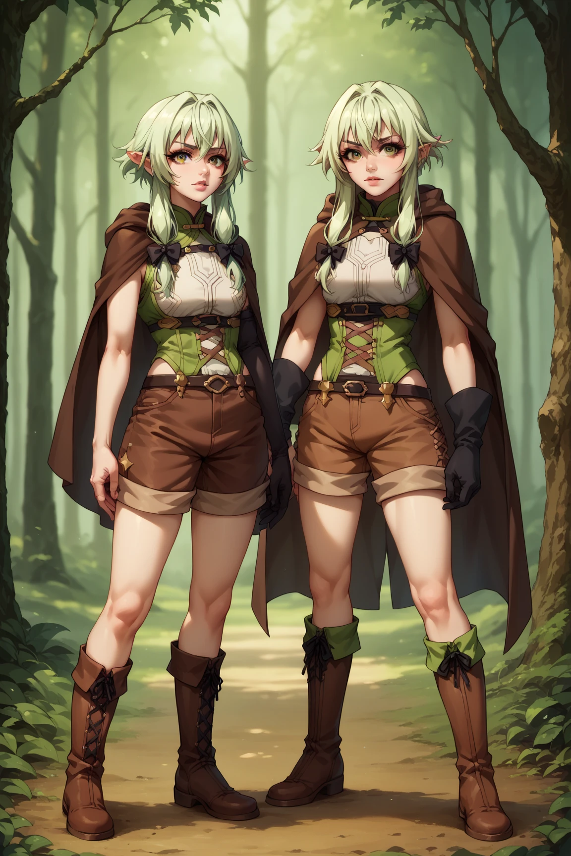 Teenage girl. She's an elf. Fantasy village. Work as a miner. Miner. Sexy green fantasy outfit. Fantasy mining outfit. No bra. Flat chest. Blonde hair. At the mining site. Mining equipment. Pickaxe. Goggles on the head. Bag of crystals. Beautiful teenage face. Cute smile. Full body image