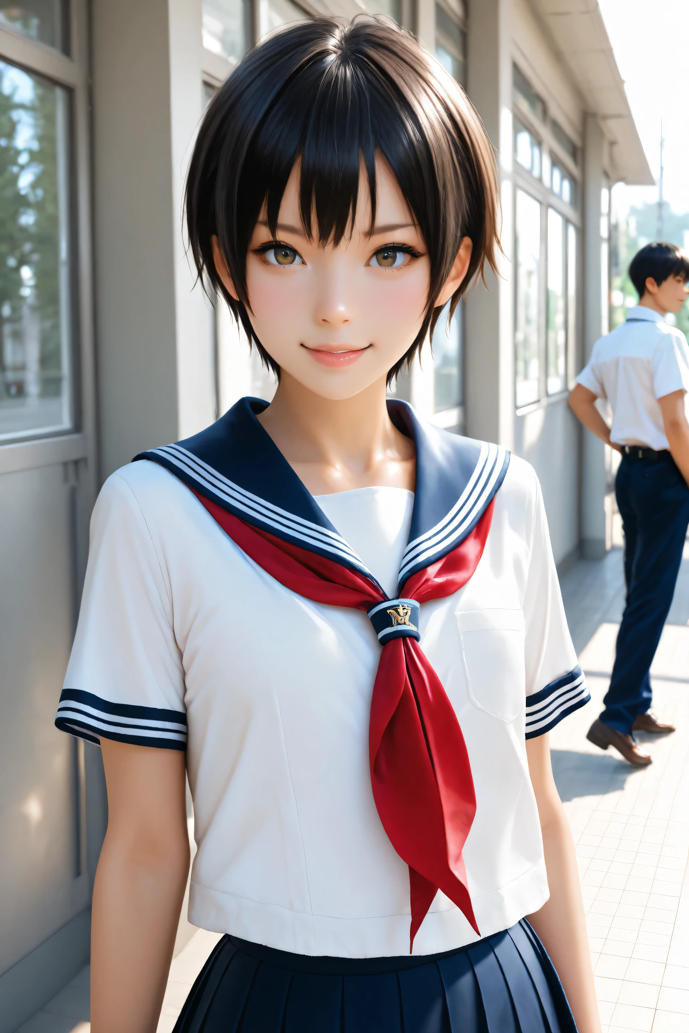 Best Quality, ultra detailed, Photo realstic,
photo realistic, (best quality), 1 tomboy, (Rebellious youngster), school uniform, black short hair, flat chest, (smirk:0.6)