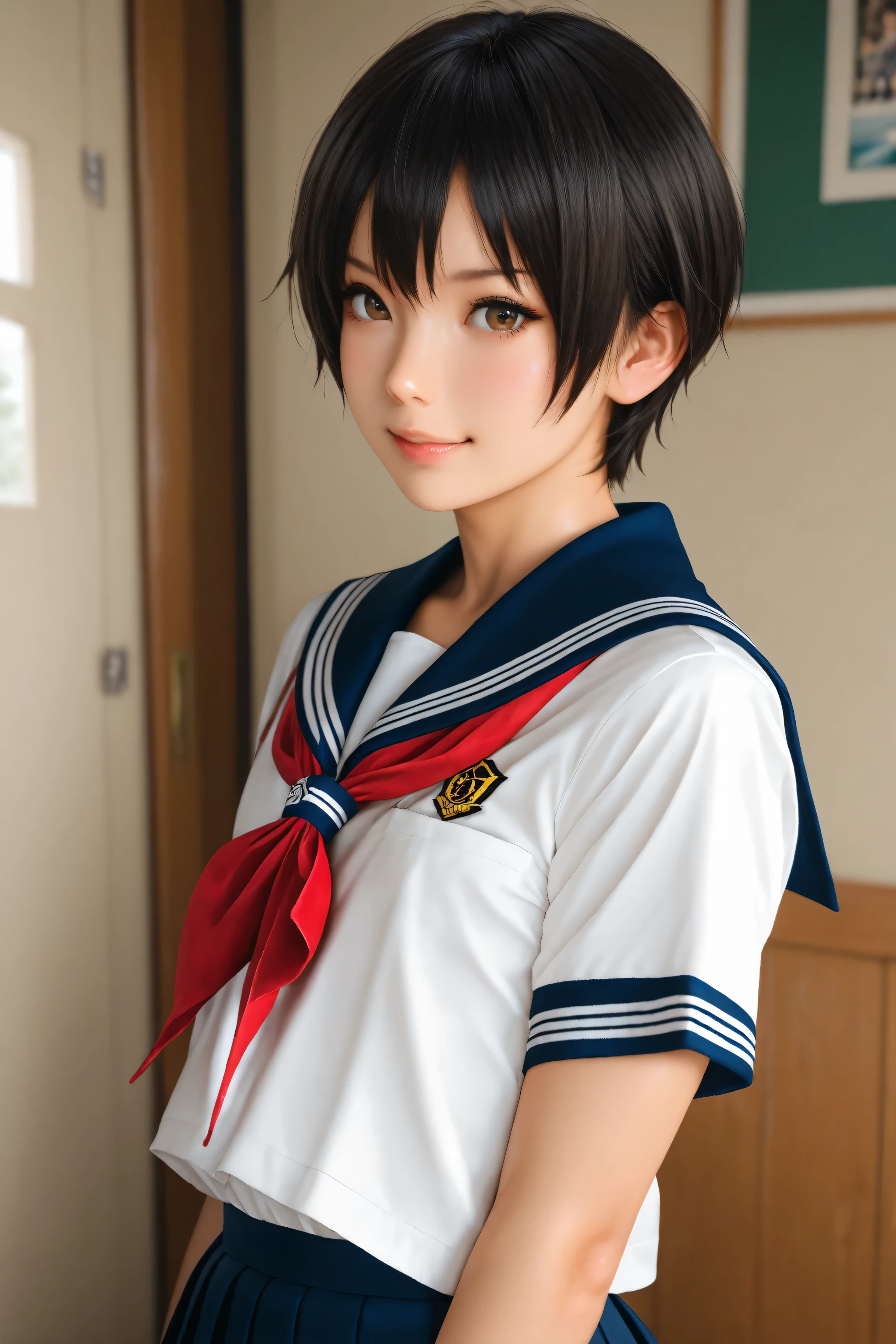 Best Quality, ultra detailed, Photo realstic,
photo realistic, (best quality), 1 tomboy, (Rebellious youngster), school uniform, black short hair, flat chest, (smirk:0.6)
