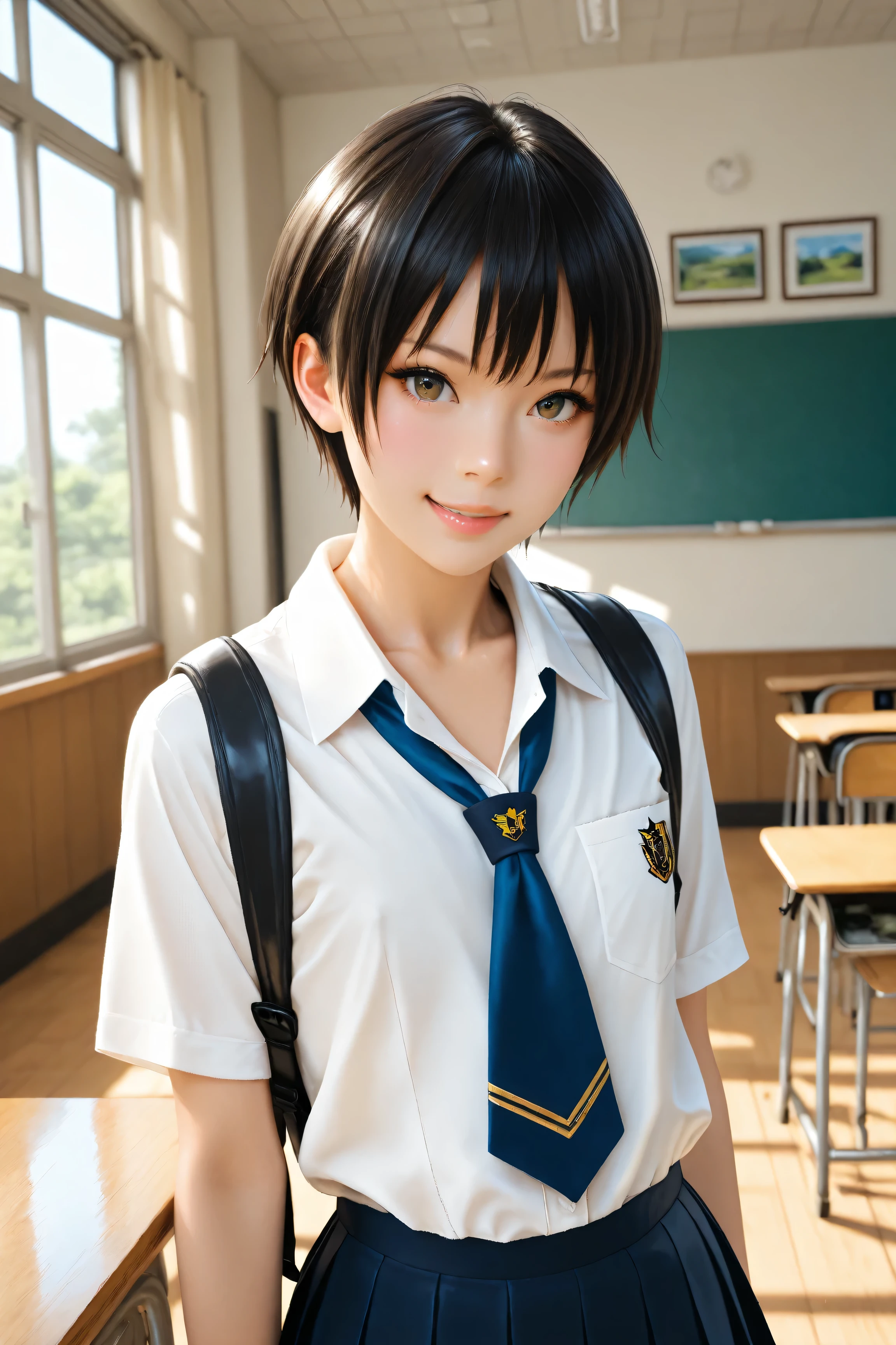 Best Quality, ultra detailed, Photo realstic,
photo realistic, (best quality), 1 tomboy, (Rebellious youngster), school uniform, black short hair, flat chest, (smirk:0.6)