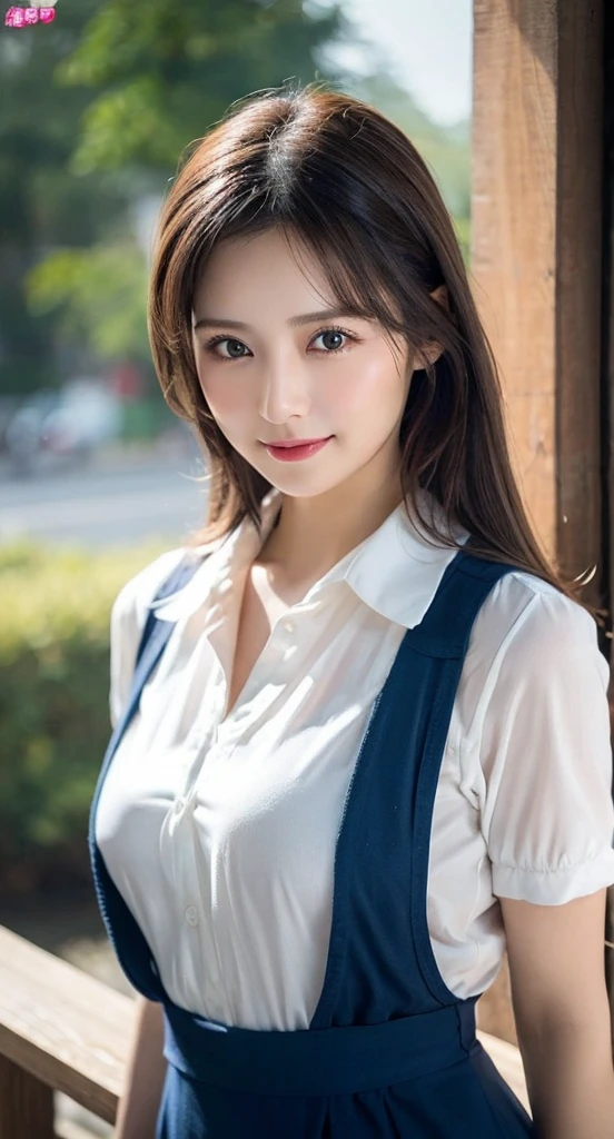 bright表情、Realistic:1.32、Highest quality、Ultra-high resolution、最も美しい日本のgirlの写真、Cute and beautiful facial details、Small face、美しいbangs、14 years old、Shine, fair, Shine肌、Hair gets tangled in the face、(girl１Only people:1.3)、顔まで伸びるbangs、bangs、Hair between the eyes、Attractive brown silky hair、bright、彼女の澄んだ瞳は魅力的にShine、Cute pose、Highest quality、Confused、((The cutest girl in the world))、Japanese、((Summer Uniforms for Students:1.3))、((Open shirt:1.3))、(High waist pleated skirt)、Newest Brands、(Side Half Up:1.3)、(Thin ribbon)、Nice and cute、An innocent smile、nice smile、Cleavage、(Big Breasts:1.3)、(Pose cutely:1.3)、Brown Hair、Tight waist、Beautiful eyes in every detail、View your audience、Upper Body、Face close-up、Front view、