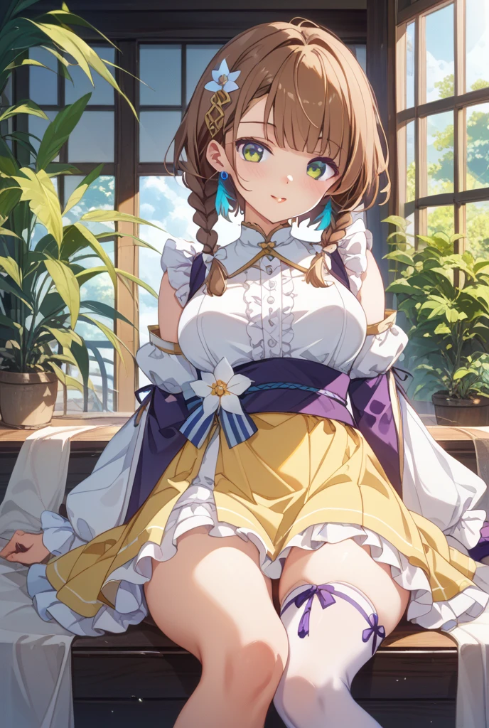 1girl, solo, long hair, looking at viewer, smile, bangs, hair ornament, ribbon, closed mouth, hair ribbon, flower, ahoge, japanese clothes, hair flower, kimono, parted bangs, traditional media, own hands together, praying,