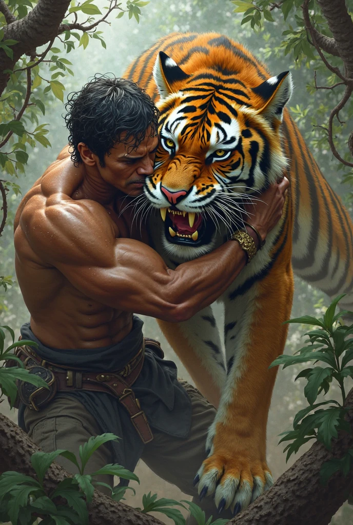 graphic violent fantasy art, in the art style of Frank Frazetta, Henry Cavill as Beagle-Man, anthropomorphic, from the movie 'the Island of Dr Moreau,' with tiger skin, 32k UHD, hyper realistic, photorealistic, realistic, lifelike, real life, extremely detailed, sharp, vibrant, colorful, smokey, violent, graphic, beautiful, amazing, artistic, wonderful, powerful, swashbuckling,