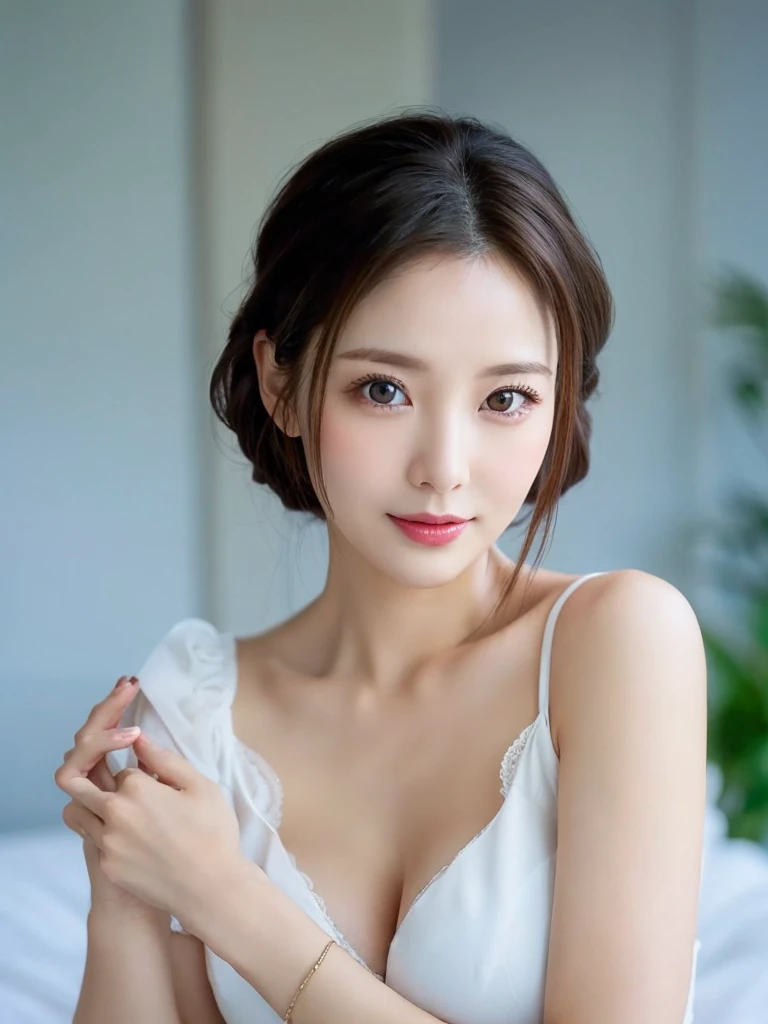 8k, Ultra-high resolution, Highest quality, masterpiece, 三分割法によるphotograph,Surreal, photograph, 1 Girl, (16 years old:1.3), pretty girl, Cute Face, Beautiful eyes in every detail, 細かくdetailedに,masterpiece,One Girl:1.2,Japan Female Teachers,extream close up,glaring,Black short hair,Messy bun hair,(印象派の美しい少女のPortraiture),(Impressionist light and colour), (Avant-garde attire:1.3),(Fairy,Shiny Hair, Beautiful dark eyes, So cute and beautiful,16 years old, ), (smile:0.8),Sharp contours,Looking down, (A future never imagined), ((Abstract background)), Light from above, Low contrast, (Side view),, Perfect and beautiful face ,完璧でCute Face, Skin with attention to detail, Perfect limbs、Narrow waist,Looking at the audience,(((Ideal body type))),A cup small breasts :2,Portraiture:2,Perfect Anatomy,鮮明なdetailed,detailed,Surreal,Light and shadow,stage lights