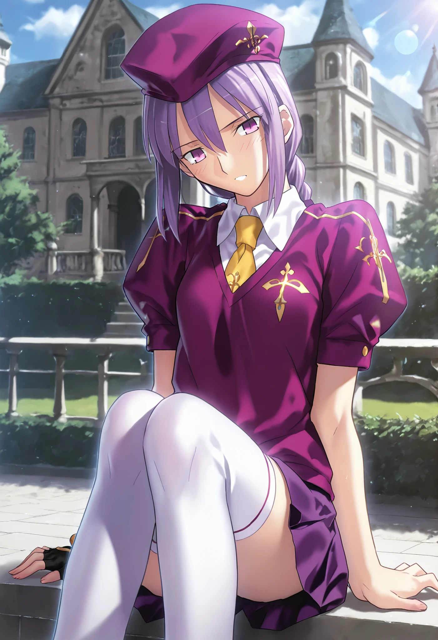 masterpiece, , absurdres, highres, detailed background, high resolution, masterpiece, necessary, detail, best quality, quality, necessary, details, High details, Precise, dark, outdoors, (mansion), lens flare, blurry background, ,                                            
                                                                                                                                                                                                                         1girl, Takeuchi Takashi (type-moon,tsukihime) style, takeuchi takashi style, (aged up), sitting ,  
   
girl, (slender body, slim arms, slim bod), (Sion) Eltnum (Atlasia) ,sion eltnam atlasia,(fate), purple hair , purple eyes, half-closed eyes, tsurime, hair between eyes ,long bang, long hair , braided hair , braided ponytail , yellow ribbon , EltnumOutfit ,small breasts, light purple sweater ,Juliet sleeve sweater , collared undershirt , white undershirt , undershirt , yellow necktie ,(short sleeve), , dark purple skirt , miniskirt , gold trim , white thighhighs , single glove , fingerless glove , black glove , dark purple beret , ,((head tilt)), looking down , touching leg,(small breasts), 
