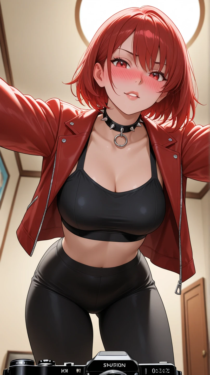 Code Geass, Kallen Stadfeldt 1girl, (((bimbo))), short red hair, puffy lips, painted lips, thick lips, wide hips, thick thighs, big breast, huge ass, revealing cleavage, erotic, Smile face, bubble butt, camel toe, Breasts, black leather jacket, white t shirt, blue jeans