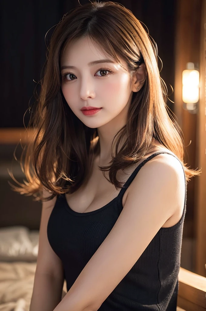 ulzzang-6500-v1.1, (RAW Photos:1.2), (Photorealistic), (Genuine:1.4), (Mastepiece), masterpiece, Absurd, The finer details, High resolution, Highly detailed face and eyes, Photorealistic, Close-up portrait of a woman in a black top and white curtains, Yoshitomo Nara, Japanese Model, Gorgeous Chinese Model, Japanese Goddess, Beautiful Korean Women, Beautiful Asian Girl, Lovely lady, Gorgeous Young Korean Woman, Asian Woman, 美しいAsian Woman, 30-year-old woman, 30-year-old woman, Asian Girl, Eyeshadow, Professional makeup、Classy makeup、Big eyes, cute eyes、