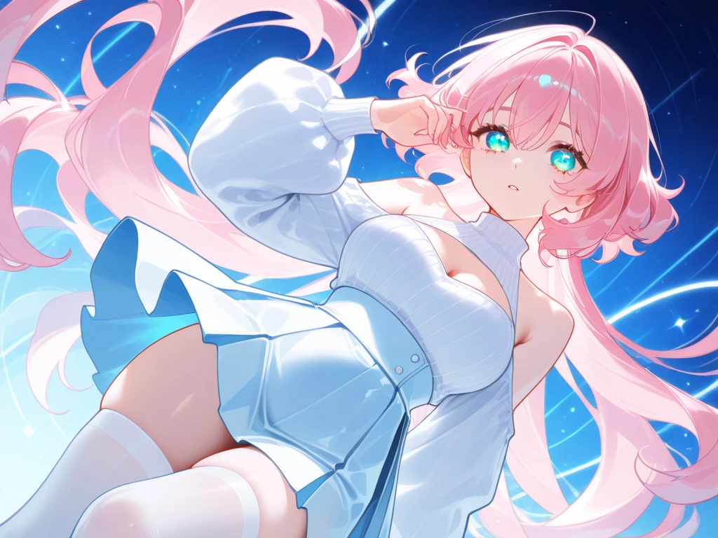 Miss, Long wavy hair, Pink Hair, blue eyes, Elf,Sexy curves, White and silver dress, Beautifully, Backless、Show your butt