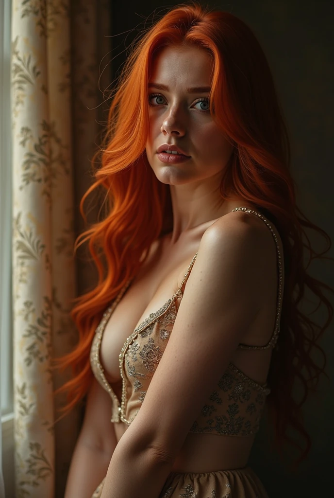 Ginger mit lockigen haaren und einem geilen versauten blick, hot, nichts an, sitzt auf dem bett