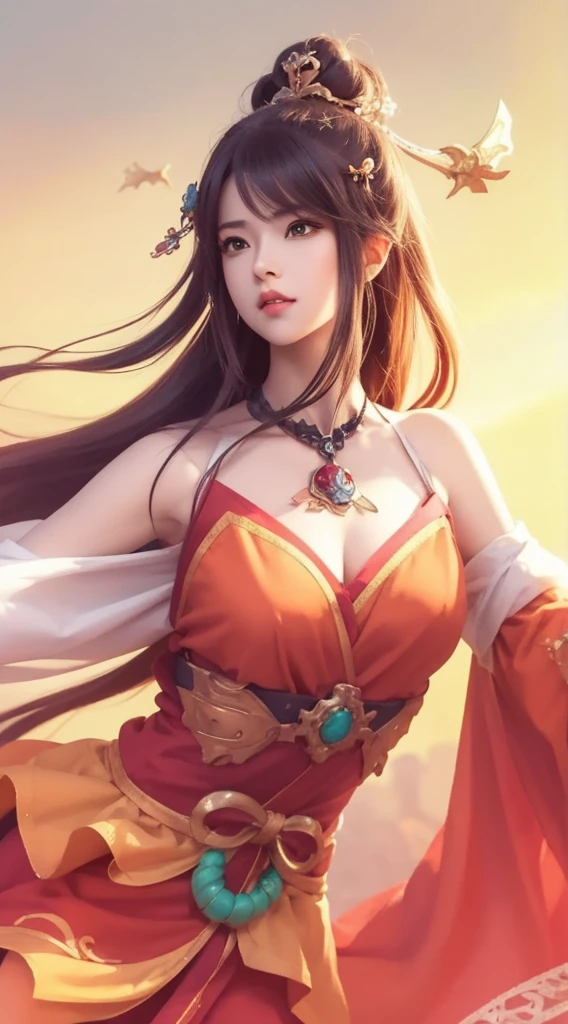 Best quality, masterpiece, ultra-detailed high res, (photorealistic:1.2), raw photo, illustration, 1girl dancing, (solo:1.2), (cowboy shot:1.2), (hair crown:1.2), Traditional chinese dunhuang style clothes, (strapless:1.2), (red eyeliner:1.2), (big breasts:1.3), earrings, dynamic angle, Opera House, messy long hair, ink, cinematic, lighting, lens flare, Velvet, chrysanthemum, Tassel, Ribbon, color embroidery.