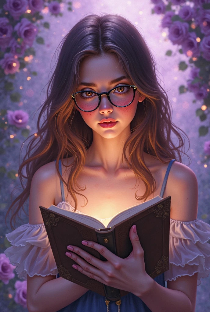 Young sits on the grass reading a book, wavy hair long and red, wearing glasses, bright blue eyes, lamp light, whole body, under a tree, distant vision, tries the, starry sky, illuminated night, photographic effect, 8k, super detailed, hyper realistic.