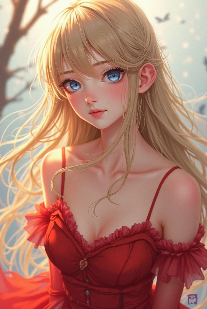  beautiful young woman with long blonde hair, blue eyes, wearing a red satin negligee, volumetric lighting, dramatic chiaroscuro, high fashion editorial, elegant, cinematic, warm color palette, soft focus, photorealistic, 8k, best quality, masterpiece
