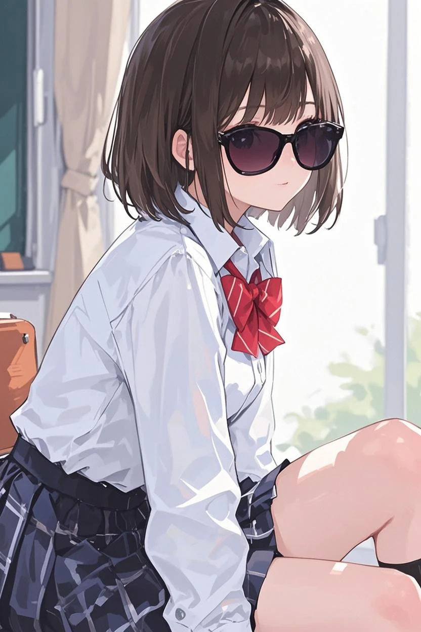 (1 female), 独奏, Kuriyama_mirai, Brown hair_shoe, A black_legwear very, Green grass_skirt by the. Cardigan, eye glasses, The Perfect Five Fingers,open cardigan, Open your clothes, panthyhose, pleatedskirt, Red-framed eyewear, student clothes, serafuku, short-hair, skirt by the, (Superfine), Beautiful breasts, The hair、Top resolution、top-quality、（Angle peeking out from below）、Under the skirt、Under the skirt、（Close-up of underwear from below）、up shirt、Top resolution、top-quality、（​masterpiece）、extra detailed face、Original Characters、Perfect litthing、best colors、colourfull、Beautiful fece、finely detail、超A high resolution、Natural voluminous lighting and the best shadows、Deep Depth Of Field（top-quality、Superb Detail：1.4）from the front side、Opening legs、PAW Pose、Squatting、