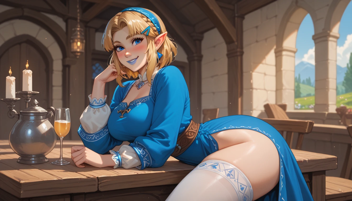 Anime Style,Nostalgic,Detailed background,The medieval world,A lively coffee shop with lots of people,Beautiful sky,A beautiful bard elf girl holding a cola and a hamburger,Big cleavage,Healthy thighs,Protruding buttocks