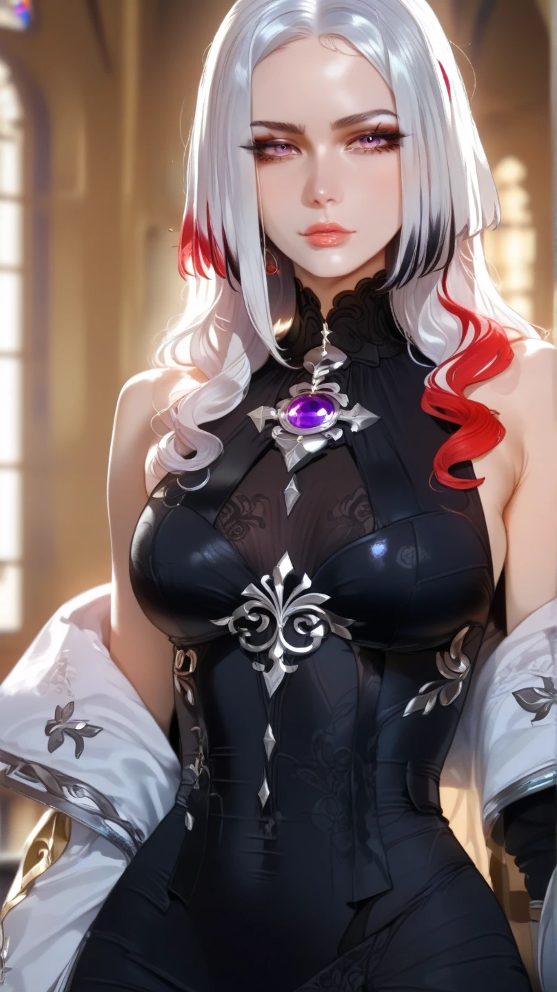 masterpiece, best quality ,ultra-detailed, very detailed illustrations, extremely detailed, intricate details, highres, super complex details, extremely detailed 8k cg wallpaper, monochrome, black and white picture, caustics, reflection, ray tracing,1girl, super detailed face, Extremely detailed eyes, beautiful eyes, highres eyes, solo, white hair, black hair, multicolored hair, black eyes, x-shaped pupils, gloves, arle_suit, upper body, seductive smile, jewelry, looking_at_viewer, signature, solo, standing, unbuttoned clothes, (boobs:1.1), holding whip in hands, (dark room:1.4), low light, moonlight dark, night, (at the centre of picture:1.2)