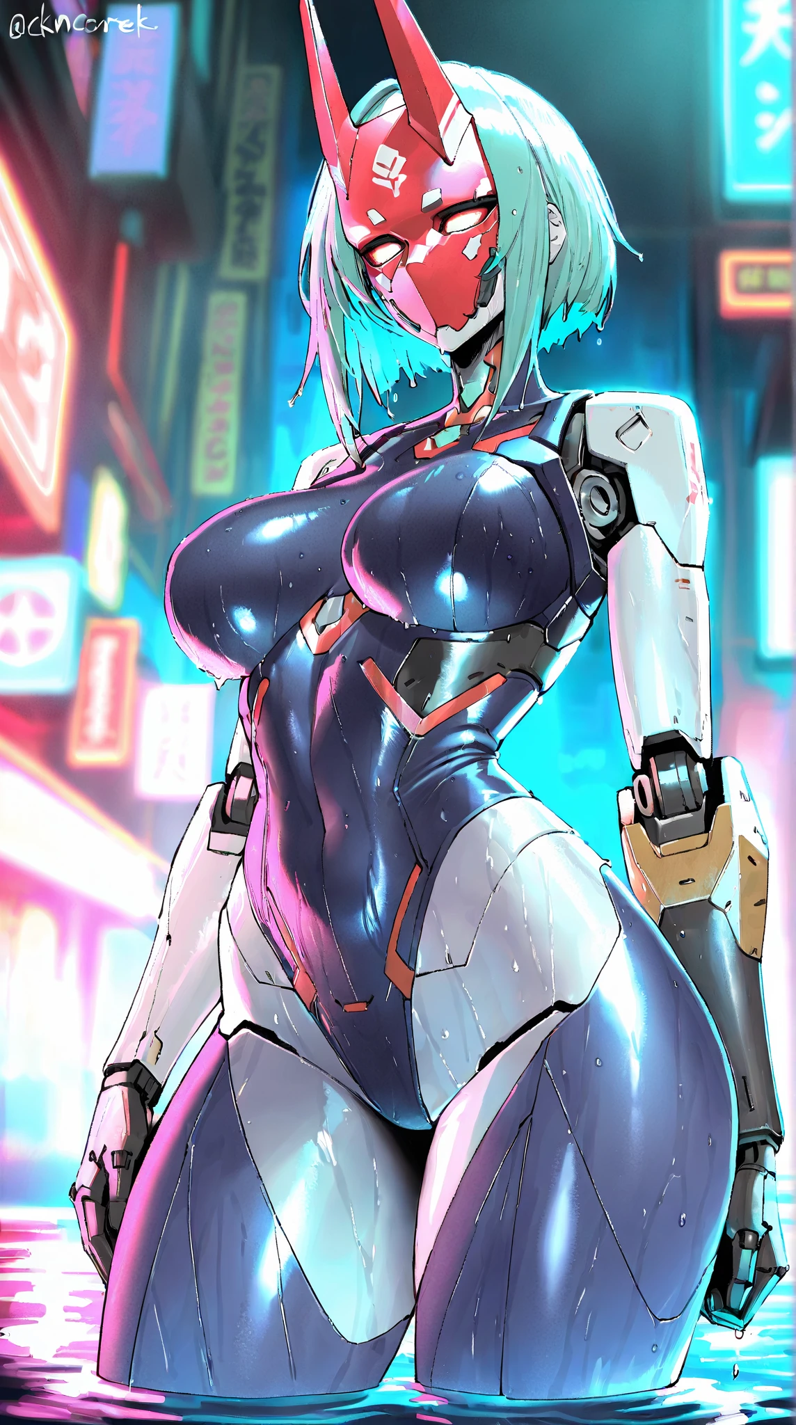 (mechanical parts:1.5),fighting , glowing eyes, short hair, tight supersuit, in a futuristic city, lights and neon, glowing neon lines, lovely pose, cute view
