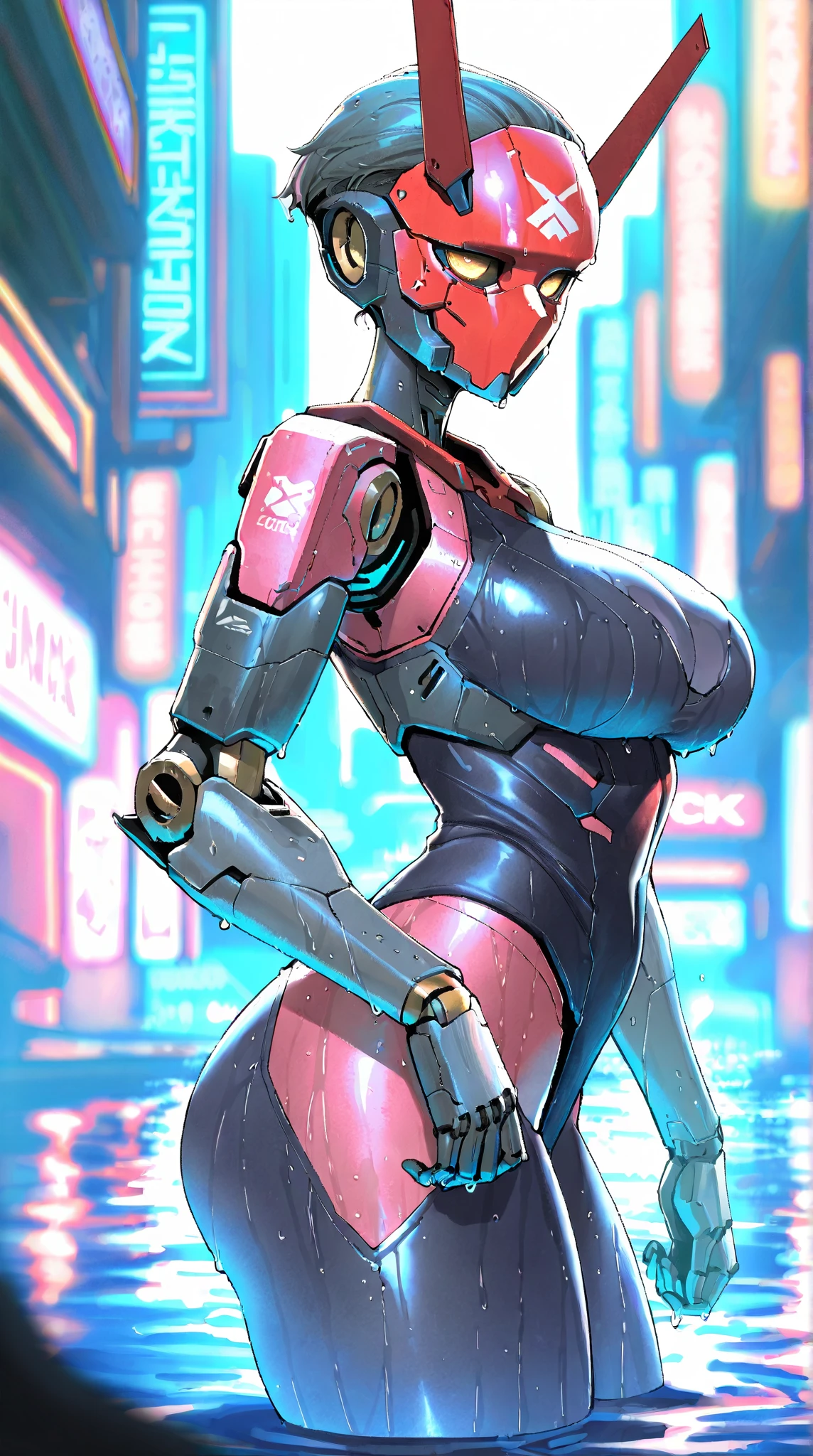 cyborg girl,(((1girl))),((cyborg girl with extremely cute and beautiful red hair)),

(huge breasts:1.4),saggy breasts,(((red short hair:1.35,absurdly short unkempt hair,colored inner hair,ear breathing,short hair))),((heterochromia:1.5, (red_eye and pink_white))),intricate eyes,beautiful detailed eyes,symmetrical eyes,((fat)),(((lustrous skin:1.5,bright skin: 1.5,skin tanned,shiny skin,very shiny skin,shiny body,plastic glitter skin,exaggerated shiny skin,illuminated skin,wet legs))),(spider lower abdomen,narrow waist,wide hip,athletic body,inflated legs, thick thighs,detailed body,(detailed face)),

cute,slutty,seductive,erotic,(nsfw),

((1 mechanical girl)),(one of his bionic eyes:1.4,(machine-made joints: 1.4)), ((mechanical limbs:1.2)), (blood vessels attached to the tube), ((mechanical spine attached to the back, close-up)), ((mechanical cervical vertebrae attached to the neck), ((mechanical parts:1.4)),(mechanical spine, mechanization:1.2, future, wide hips),(wires and cables attached to the head and body: 1.5),(show skin:1.3),((wet clothes,intricate outfit,intricate clothes)),

(dynamic pose:1.0),solo focus,embarrassed,(centered,scale to fit dimensions,Rule of thirds),

cyberpunk city by the ocean at night, with bright neon signs and dark stormy clouds and puddles, scenery:1.25,nighttime, starry night, cosmos,Very dark night that makes the neon lights stand out, very bright neon lights,

artistic photography,(photography taken by sldr),highres, sharp focus,(ultra detailed, extremely detailed), (photorealistic artwork:1.37),(extremely detailed CG unity 8k wallpaper),((synthwave background theme)),(((vibrant colors))),intricate,(intricate background),(masterpiece),(best quality),perfect rendered face,perfect face details,realistic face,photo realistic,analog style,((intricate detail)),(((realism))),
