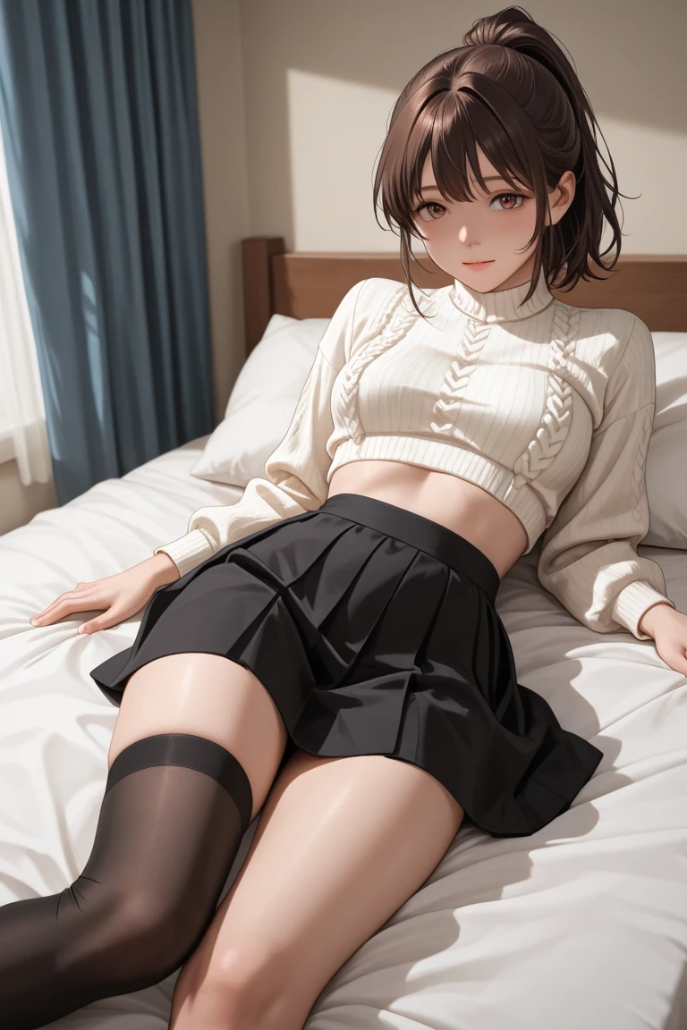 Sitting facing the front on a chair in the room,In the composition from below brown shorthair, Full body of slender high school girl with anime face with small breasts, holding thin legs wearing white panties and thigh-length black stockings