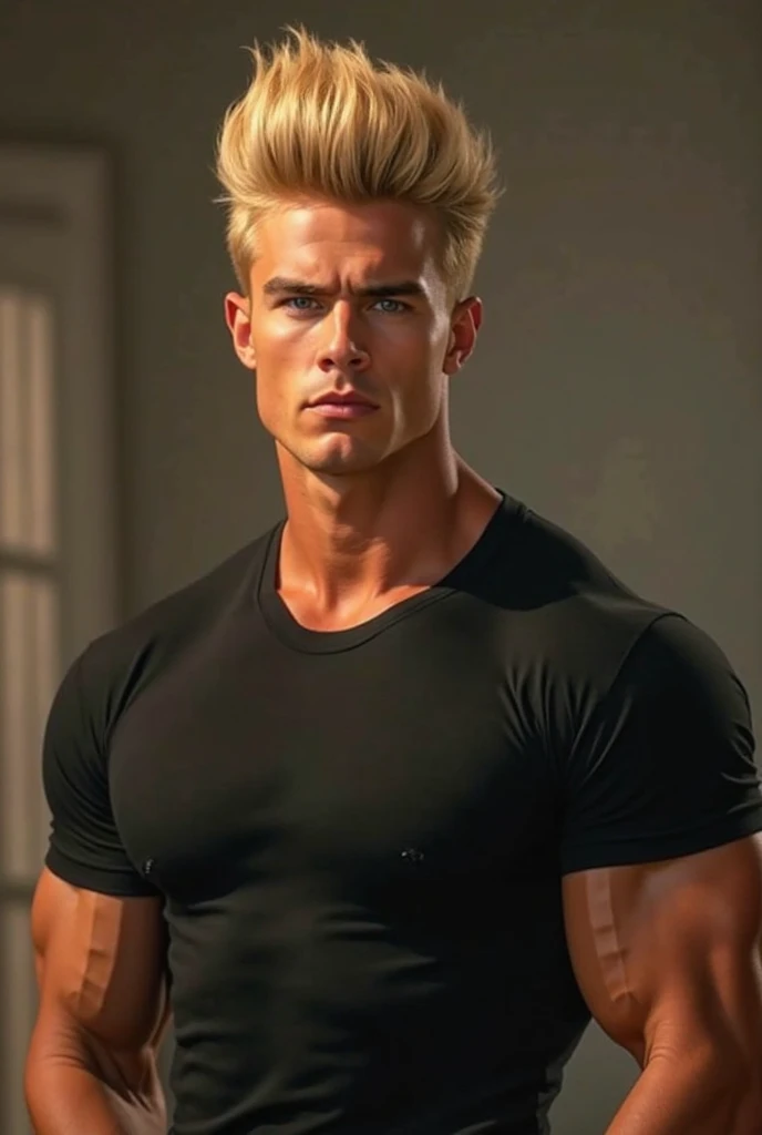 a very handsome man, blonde hair with a mid fade cut, massively muscular, massively large muscles, wearing an orange shirt, seen very close up