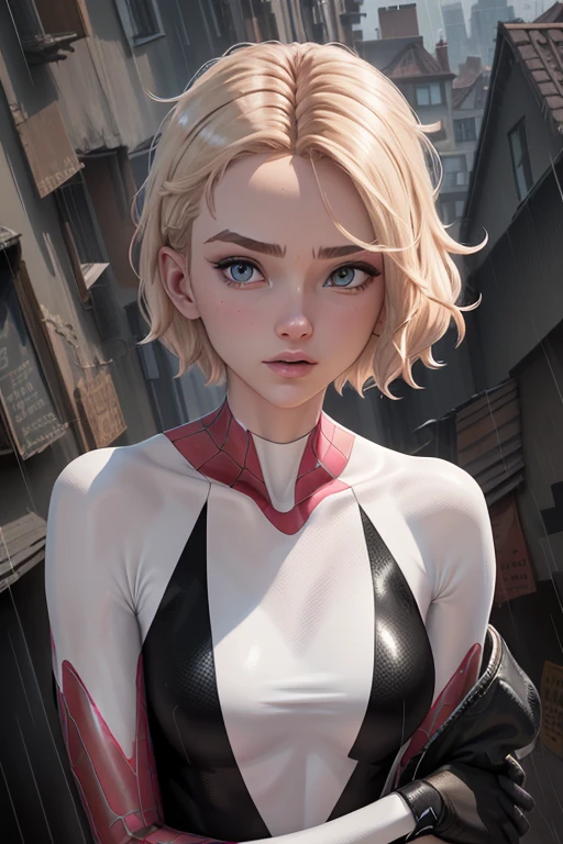 Gwen Stacy, hooded, smiling, waving hi, close up
