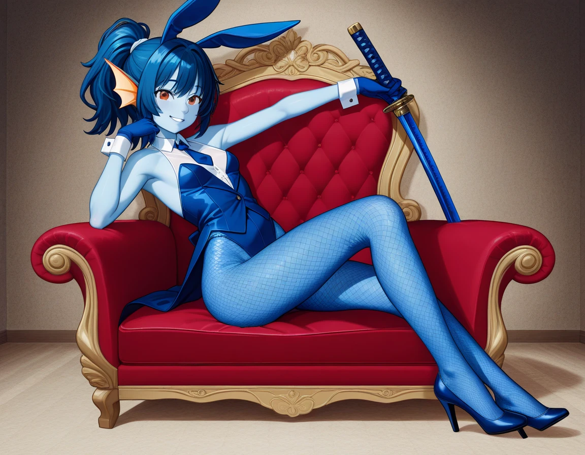 8K, high accuracy, animated, married woman, beautiful, small face, beautiful, bright, eye highlights, sexy, erotic, beautiful line drawing.
Light blue skin, ears orange fins, bunny girl, bunny suit,