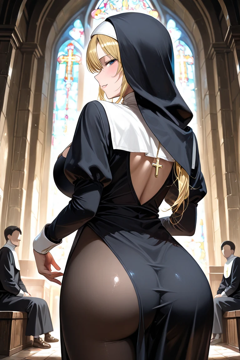 nun,large breasts,1girl,(leotard),((mature female,adult female))),25 years old,over-knee socks,in church,blush,in heat,happy,blonde hair,(((milf))),at night,Clothes that show the lines of the body,ass