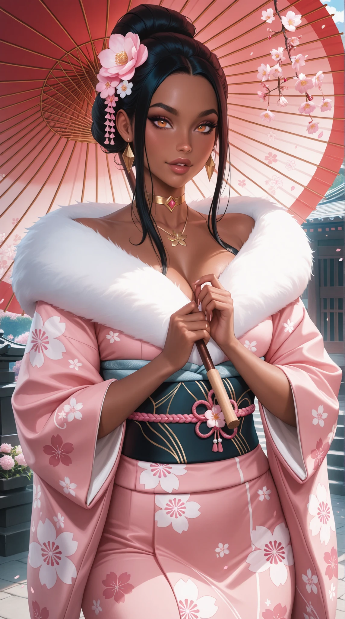 ((Best quality)), ((masterpiece)), ((realistic)), (1 girl: 1.5), The comic image of a ((african goddess girl)) with a (very aggressive face:1.2), dark skin, (realy luxuriant afro-textured hair rainbowned), gorgeous, ????, curvy, busty, (geisha eyes), heterochromia