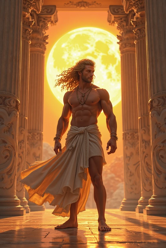 a man with a noble and benevolent expression, beautiful detailed eyes, beautiful detailed lips, extremely detailed face, longeyelashes, muscular physique, in a serene and contemplative pose, standing in a mythological landscape with dramatic lighting, radiant colors, glowing energy, 8k, detailed description, masterpiece, cinematic, epic, conceptual art