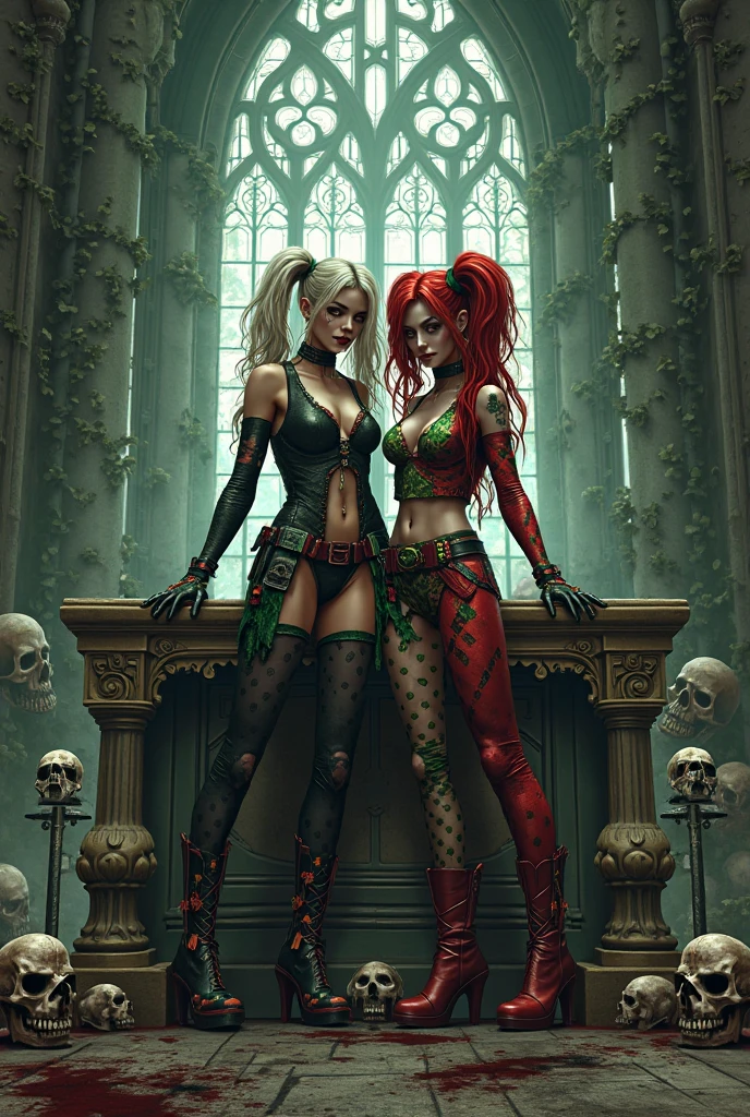 Extremely detailed masterpiece, high resolution CG unity 8K wallpaper. Poison Ivy and Harley Quinn are standing in front of a beautiful bedroom. Ivy's emerald green eyes shine like jewels as she sits sed --auto --s2