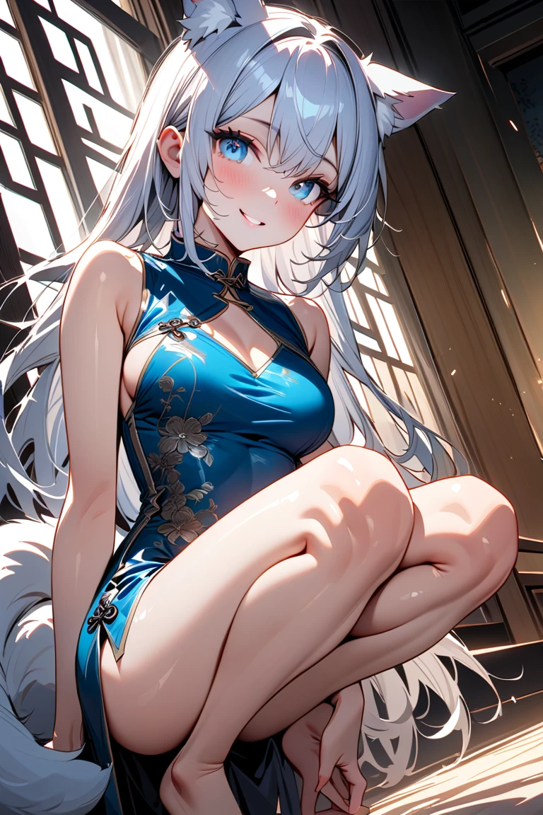 Chinese painting background,Big-tailed wolf,blue color eyes,grey long hair