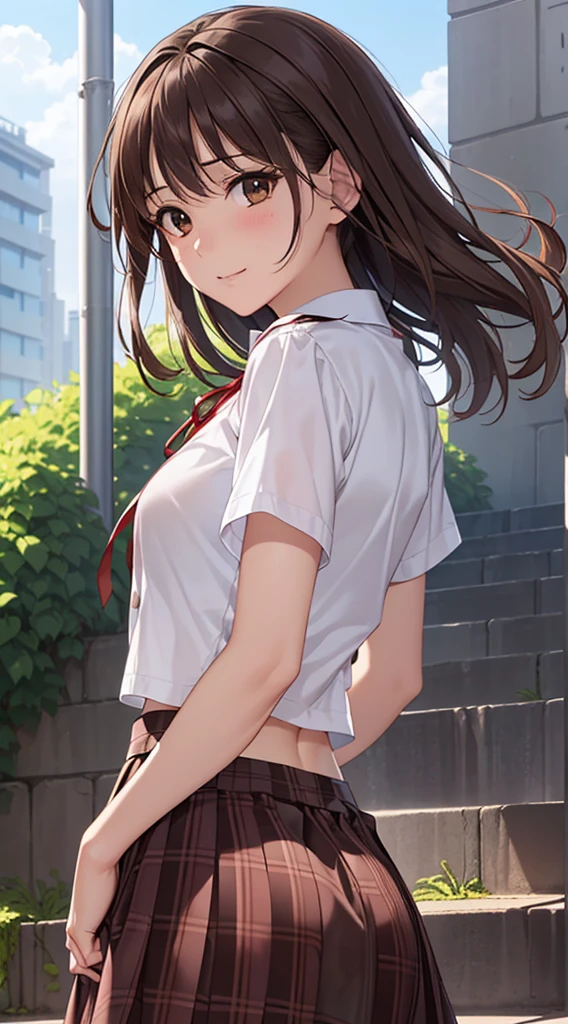 ((masutepiece, Best Quality, hight resolution, nffsw, Perfect Pixel, 4K, nffsw, nffsw))), 1girl in, Single, Solo, Beautie、full body seen、 ((Middle Wave Hair, Bangs, Brown hair)), ((Brown-eyed, Beautiful eyelashes, Realistic eyes)), ((Detailed face, Blushing:1.2)), ((Smooth texture:0.75, Realistic texture:0.65, Photorealistic:1.1, Anime CG style)), medium breasts, Dynamic Angle, Perfect body, ((red bowtie, School uniform, , White shirt, Black skirt, plaid skirts)), City staircase、Looking up from the bottom of the stairs、Very embarrassing panic smile、Open your mouth and make a surprised face、 turned around、bending forward、(The wind flipped my skirt and exposed my butt..........................、stick out your butt、Touching the buttocks with both hands、Pink lace panties)、