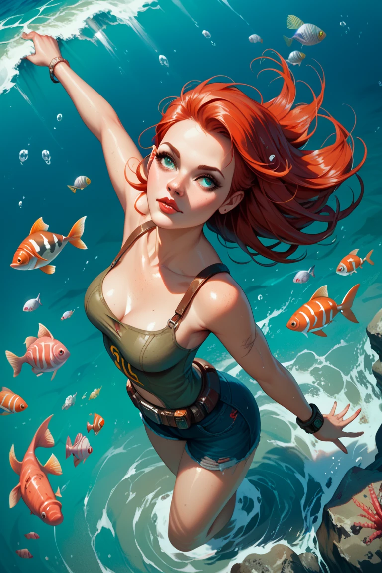 fisheye lens, best quality, masterpiece, ultra detailed, ultra high res, realistic, bright colour, female, extremely large breast, very long pink mohawk hair, tiny pink see through bikini, front view, under water,