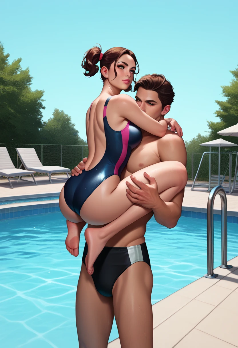 Photorealistic nude couple of a busty girl lifted up high in lap of TALL GIGANTIC hypermuscular guy standing and fucking with hyper penis and testicles . Swimming pool.Semen exploding