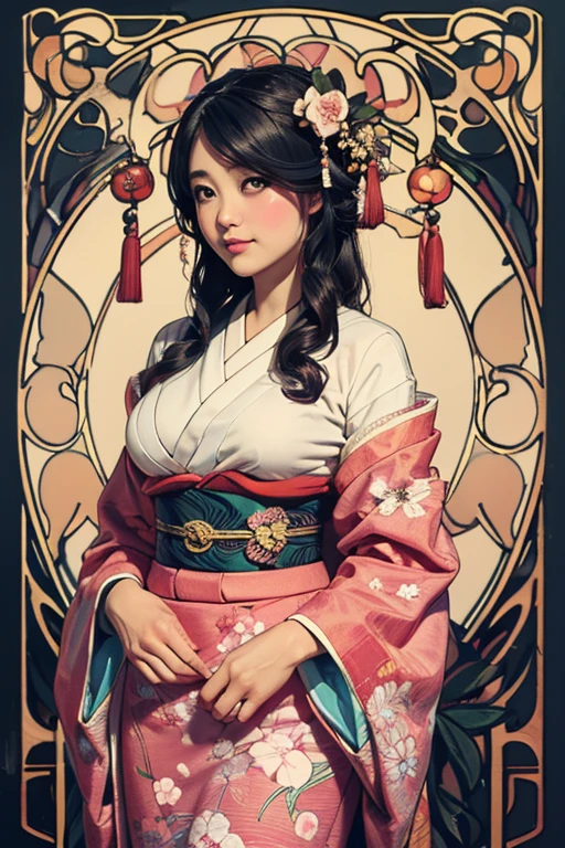 Anime woman in kimono dress standing in front of wall, alphonse mucha and rossdraws, oriental art nouveau, ross tran style, japanese art style, artgerm and atey ghailan, in the style of ross tran, inspired by Ross Tran, palatial palace , a girl in hanfu, Exquisite digital illustration, :: rossdraws, beautiful digital illustrations, Kimono Poster style card