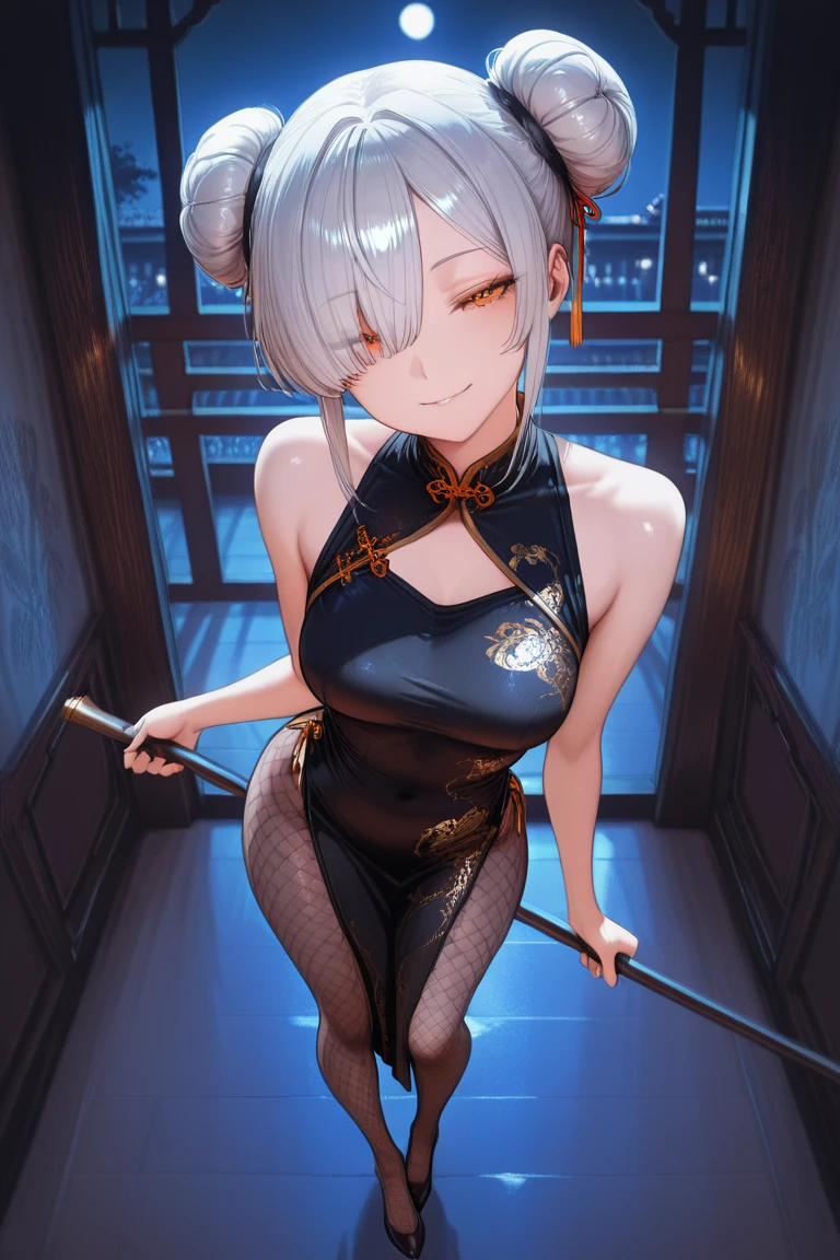 solo, masterpiece, best quality, agrias, grey sweater, black leotard, standing, looking at viewer, short hair,oculos,evil smile, evil look, juri han,luvas preta,roupa azul,yandere rosto,low lighting,coxa sarada copo detalhado,olhando para frente