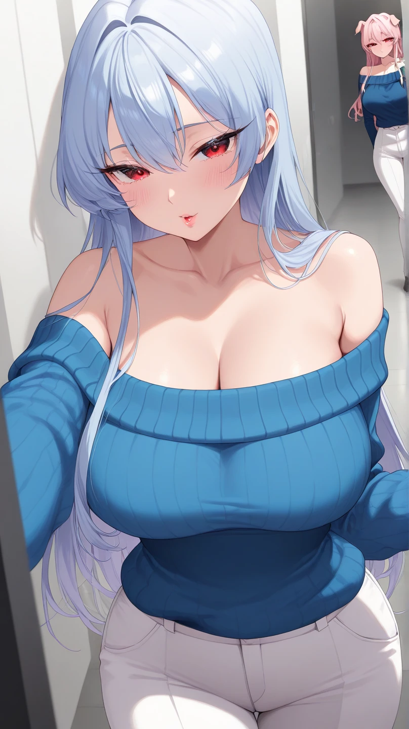 anime girl with blue hair and blue eyes holding a cell phone, beautiful blue haired girl, thicc, [ 4 k digital art ]!!, ahegao, seductive anime girl, sona is a slender, , beautiful alluring anime woman, anime style. 8k, breasts covered and sfw, by Kentaro Miura, pretty girl with blue hair