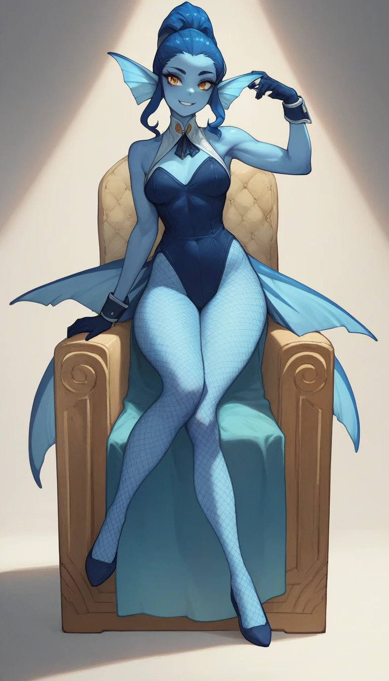 8K, high definition, married, beautiful, bright, eye highlights, sexy, erotic, beautiful line drawing, light blue skin, blue and orange gradient ear fins, bunny girl, bunny suit, net tights on legs, lying on bed, in bed, eyes closed,