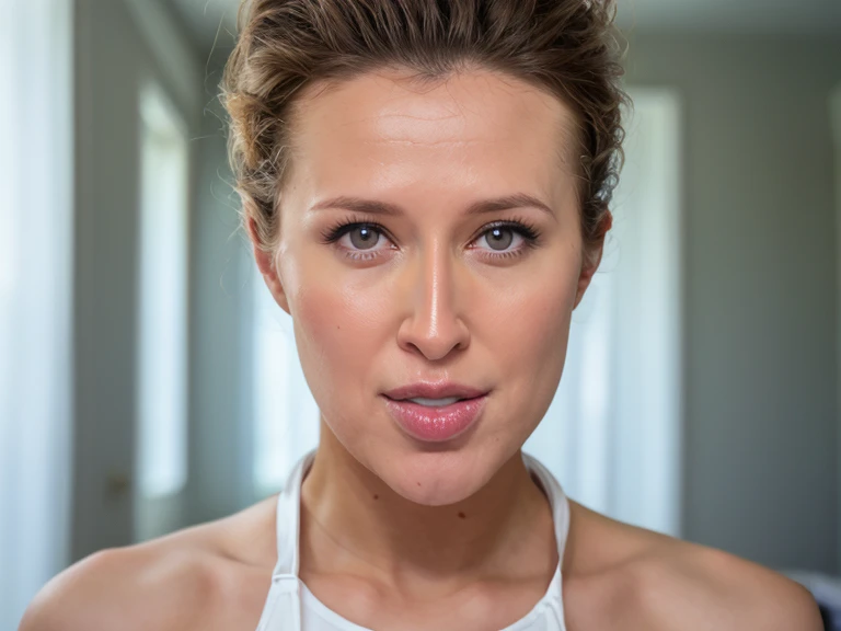 a portrait of DEN_jia_lissa in front of a [plain black background] wearing a black tank top, collarbone, [headshot], [centre frame], looking at the camera, facing the camera,
[eyes closed screaming], dynamic lighting, mole above her lip on the right,
photorealistic, high detail, detailed, masterpiece, 8k, highres, flawless, colour, professional