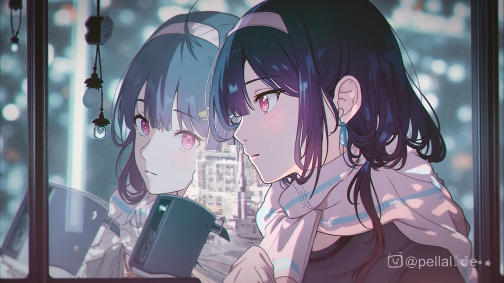 portrait、512、lofi、Girl with headphones sitting in a chair studying、Sleeping at the desk、City view outside the window、night、Pastel colors、Painting, lots of stars and moon, big breast